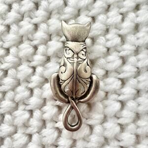 Jex Signed Sterling Silver 925 Art Deco Filigree Kitty Cat Back Brooch Pin Vtg